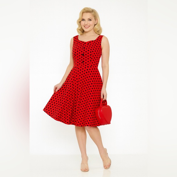 Unique Vintage Orchid Bloom 1950s Red & Black Polka Dot Fit & Flare Swing Dress - Picture 5 of 16